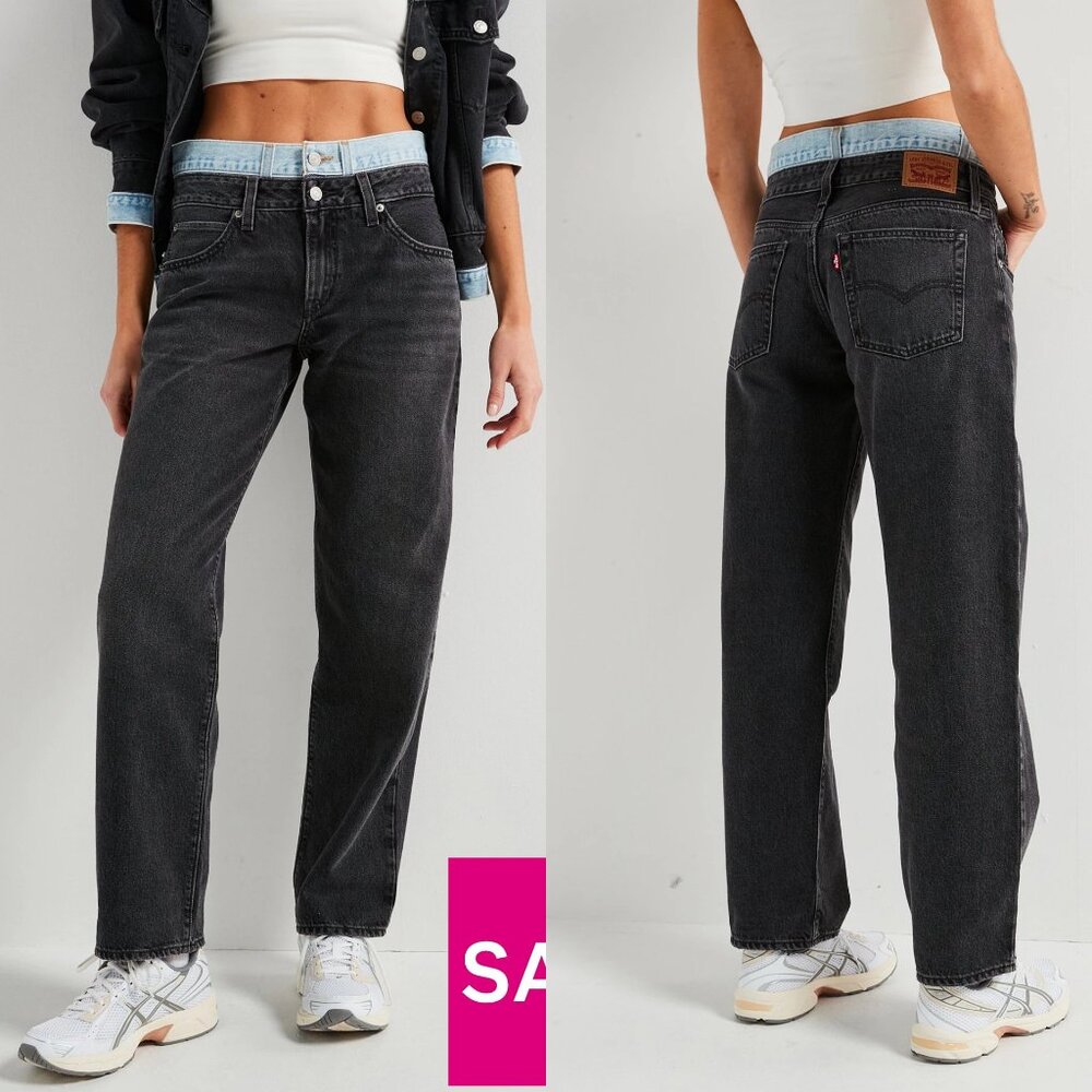 LEVI'S Women's Blue Black Wash '94 Baggy Straight Jeans w/ Layered Waist Size 28